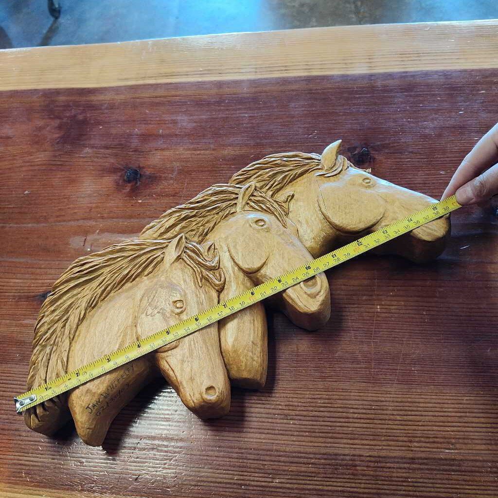 3 hand carved wood horse heads