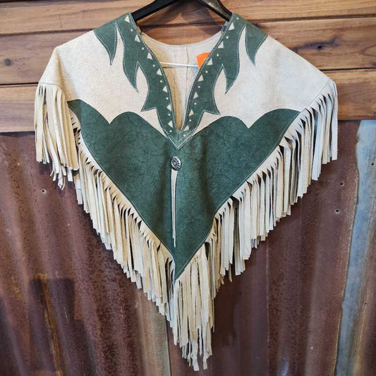 Suede leather poncho with fringe